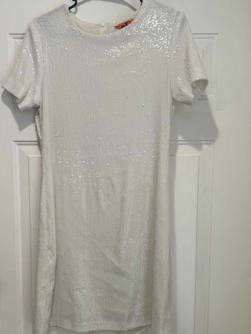 Tory Burch White Sequin Short-Sleeve Party Dress
